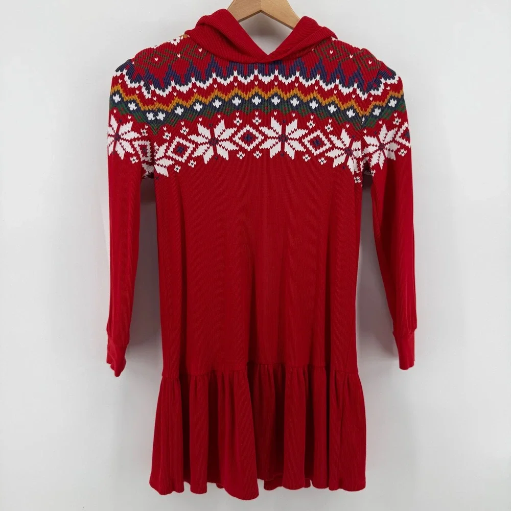 Polo Ralph Lauren Girls Red Fair Isle Snowflake Waffle Knit Hoodie Dress L 12-14
